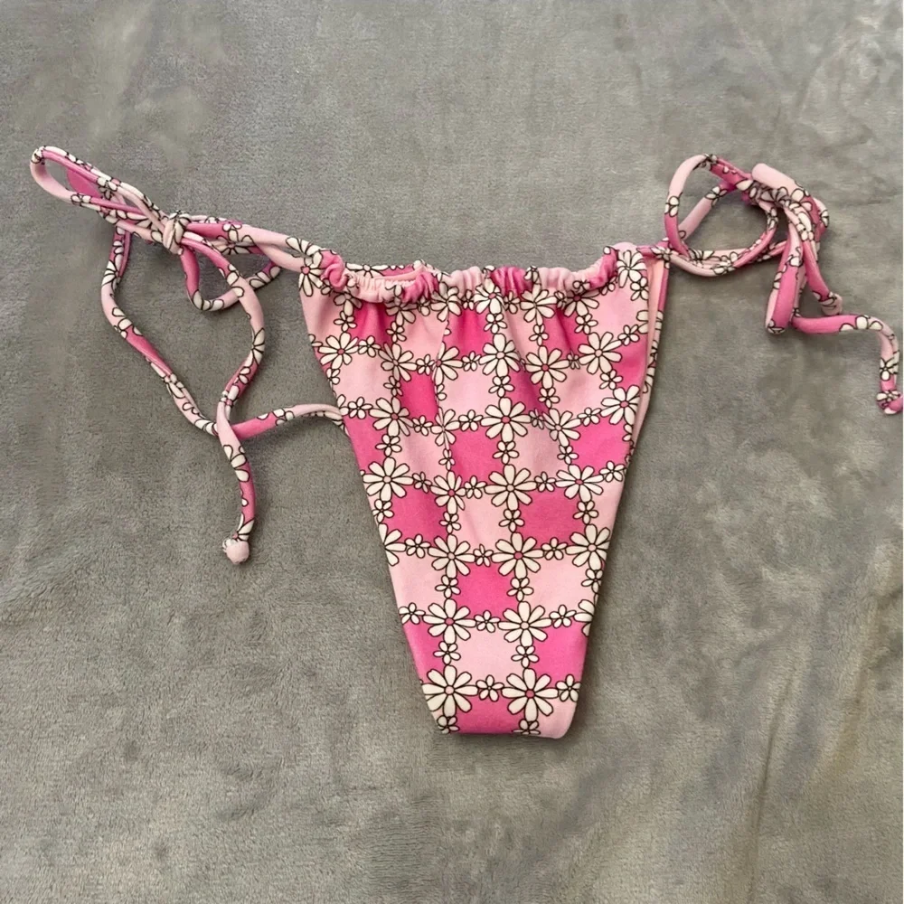 New! Frankie’s bikinis Tia Terry String Bikini Bottom Pink Daisy 24415
